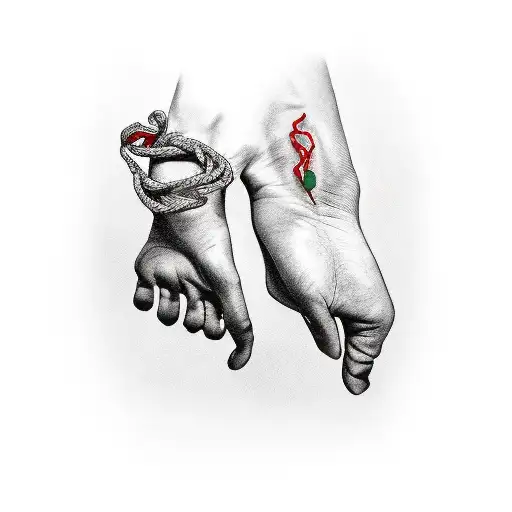 hand and equine hoof with red string attaching the two together tattoo design idea