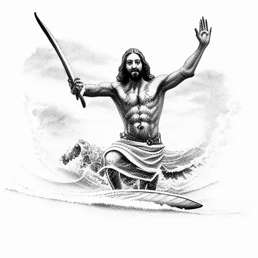A detailed sketch of Jesus walking on water with a surfboard tattoo design idea