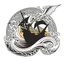 Celtic Solid band Surf  waves  sea Skeletons  Wales Dragon Pirate ship thalassophile tattoo design idea