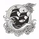 Celtic Solid band Surf  waves  sea Skeletons  Wales Dragon Pirate ship thalassophile tattoo design idea