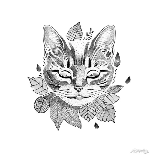 A dotwork tattoo of a cat sleeping on a bed of colorful autumn leaves, with a city skyline in the background tattoo design idea