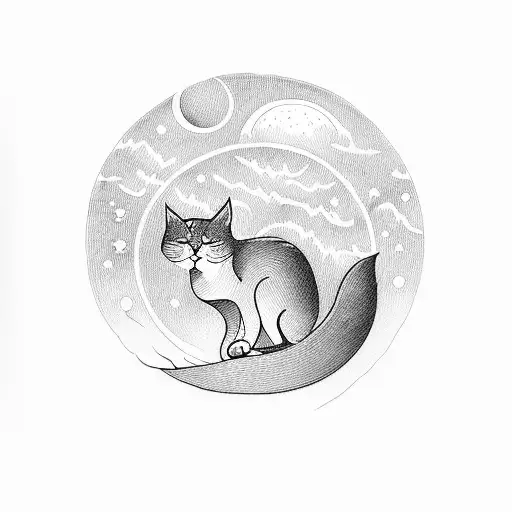 A blackwork tattoo of a serene landscape with a cat sleeping under a moonlit sky tattoo design idea