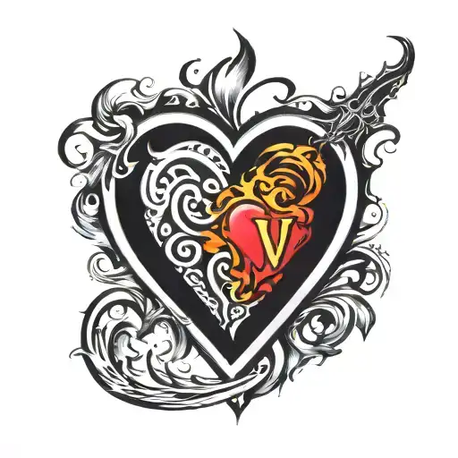 a heart with initials FE inside with tribals add some flames tattoo design idea