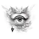 one Eye of beautiful woman with animal and latin typography tattoo design idea