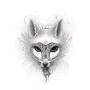 one Eye of beautiful woman with animal and latin typography tattoo design idea