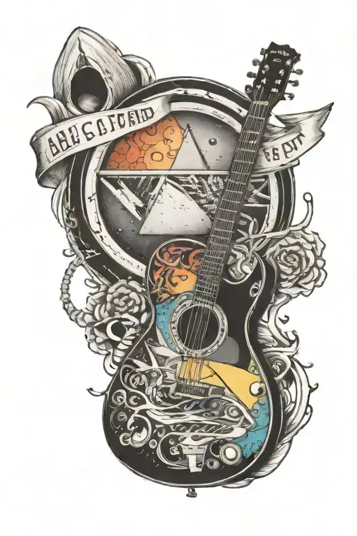 guitar with dark side of the moon, origin on symmetry and hybrid theory album covers tattoo design idea