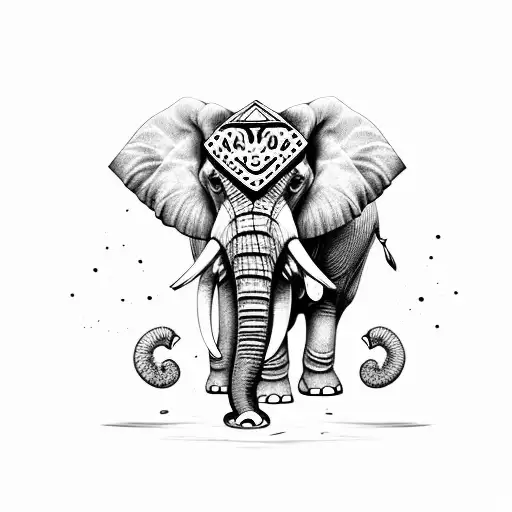 An elephant adorned with Oni mask tattoo design idea