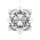 three rhombuses connected into a cube with fractal art extruding from it tattoo design idea