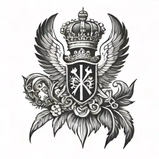 COAT OF ARMS UKRAINIAN TRIDENT WITH CROWN AND SWORDS COSSACK STYLE SOVIET WITH BIRD AND WINGs tattoo black and white 8 b tattoo design idea