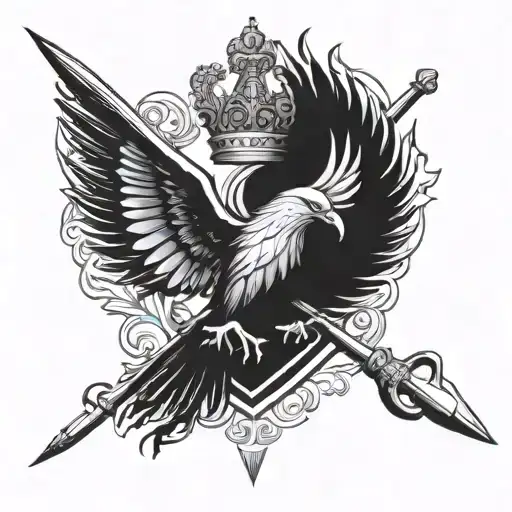 COAT OF ARMS UKRAINIAN TRIDENT WITH CROWN AND SWORDS COSSACK STYLE SOVIET WITH BIRD AND WINGs tattoo black and white 8 d tattoo design idea