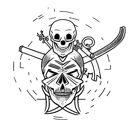 skull man crossing legs with a sword, mental health tattoo design idea