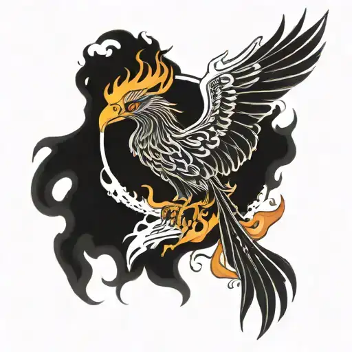 Black phoenix with a dark background rising from flames an ashes with burning down shelter in the background an a scar  tattoo design idea
