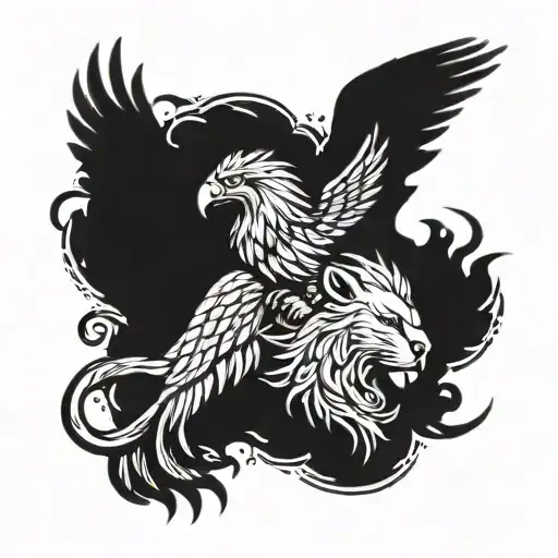 A lion and eagle intertwined to represent strength and freedom, with sparks flying around them tattoo design idea
