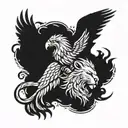 A lion and eagle intertwined to represent strength and freedom, with sparks flying around them tattoo design idea