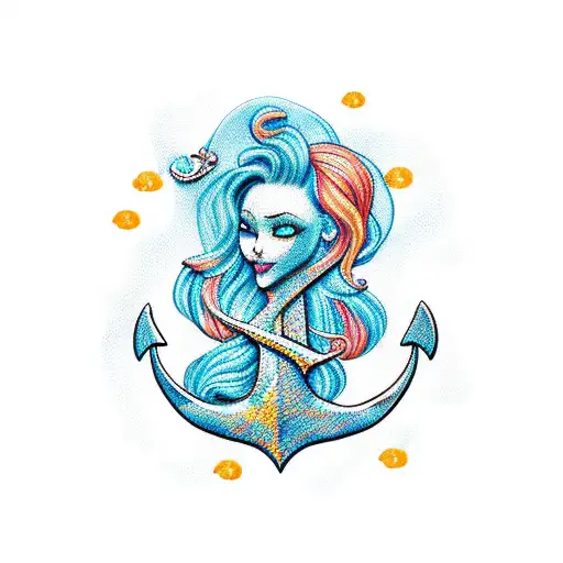 Mermaid, blond, anchor tattoo design idea