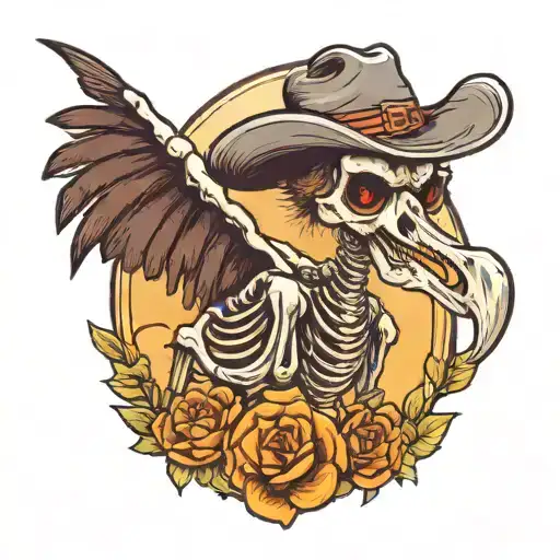 a skeleton with a cowboy hat riding a ostrich  tattoo design idea