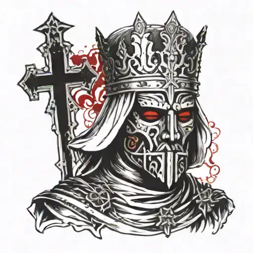 king Baldwin IV with the metal mask and crosses in background with red and black ink prayer tattoo design idea