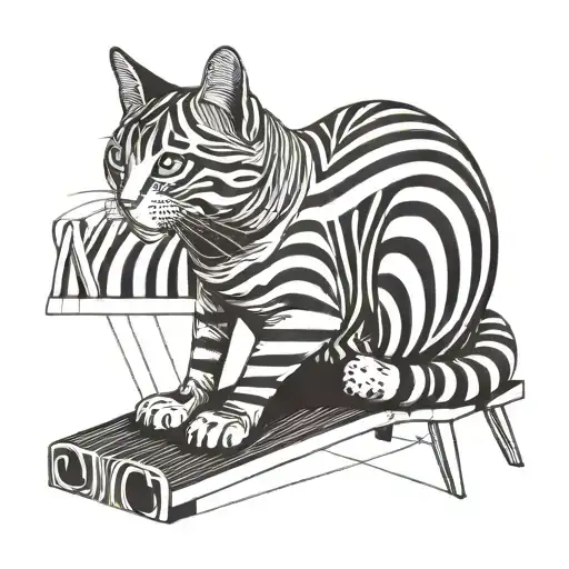 The striped cat is sitting under the stool.  tattoo design idea