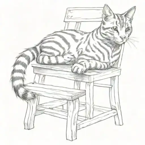 The striped cat is sitting under the stool.  tattoo design idea
