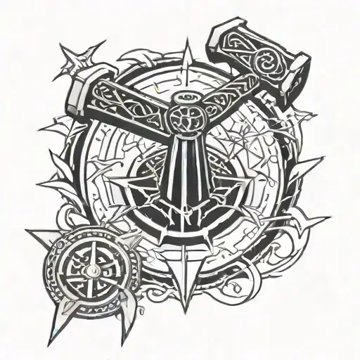 Thors hammer with lightning and a Nordic compass tattoo design idea