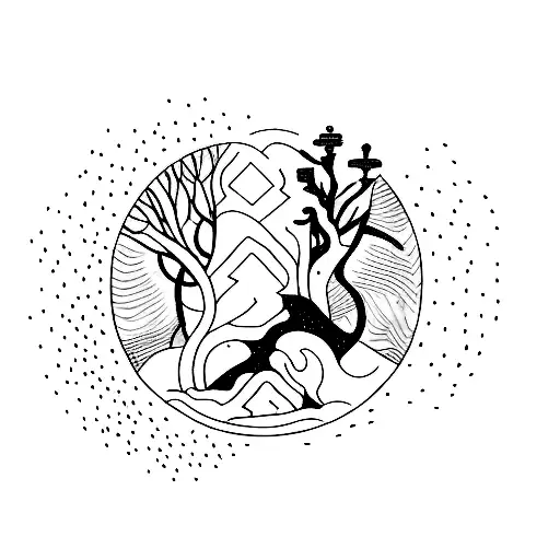 An abstract tattoo representing the concept of justice using elements of nature like trees and water tattoo design idea