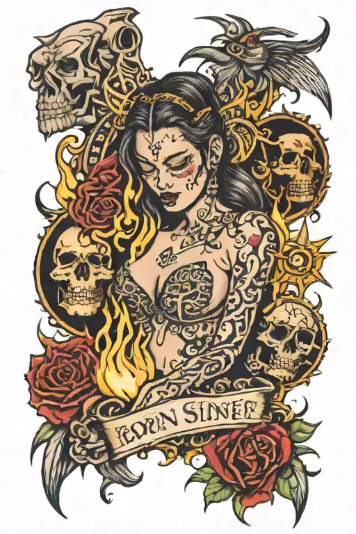 "Born Sinner but I'll Die Better" with the "Born Sinner" being surrounded by fire and the "Die Better" being heavenly tattoo design idea