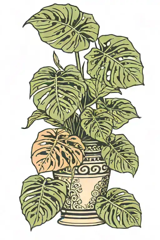 monstera plant with three large leaves in a traditional vase that has geometric patterns tattoo design idea