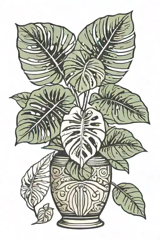 monstera plant with three large leaves in a traditional vase that has geometric patterns tattoo design idea