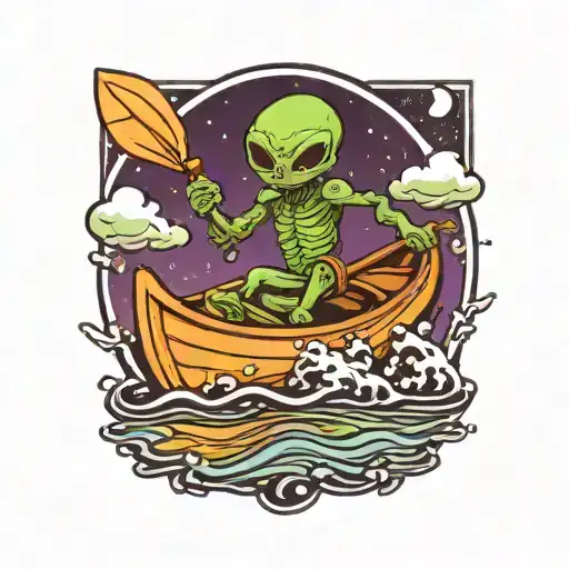 happy alien paddling a canoe floating tattoo design idea