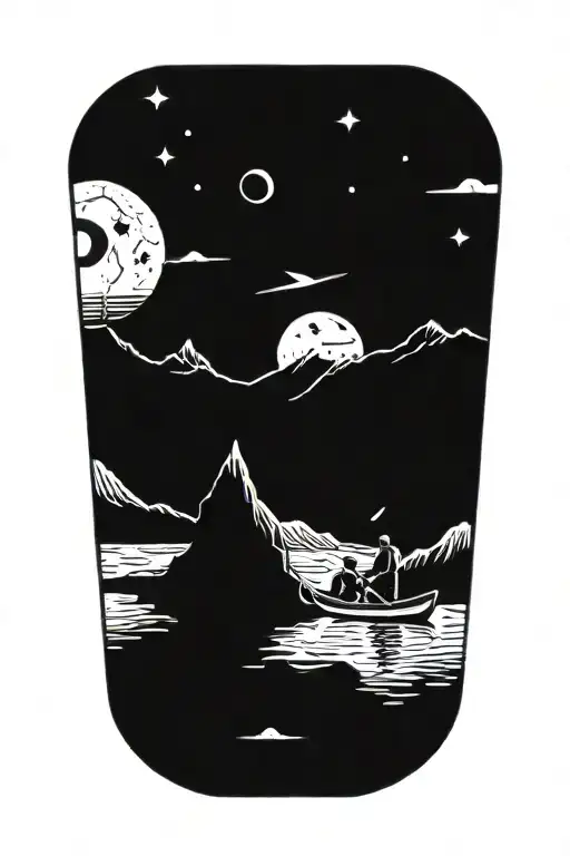 A canoeing expedition through a mystical alien landscape tattoo design idea