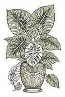 monstera plant with three large leaves in a traditional vase that has geometric patterns tattoo design idea
