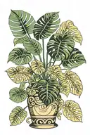 monstera plant with three large leaves in a traditional vase that has geometric patterns tattoo design idea