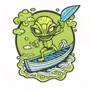happy alien paddling a canoe floating tattoo design idea
