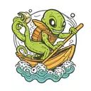 happy alien paddling a canoe floating tattoo design idea