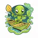 happy alien paddling a canoe floating tattoo design idea