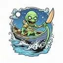 happy alien paddling a canoe tattoo design idea