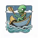 happy alien paddling a canoe tattoo design idea