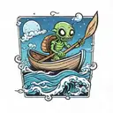 happy alien paddling a canoe tattoo design idea