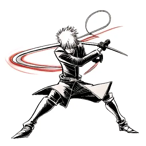 Ichigo from Bleach anime using his bankai and posing on battle stance tattoo design idea