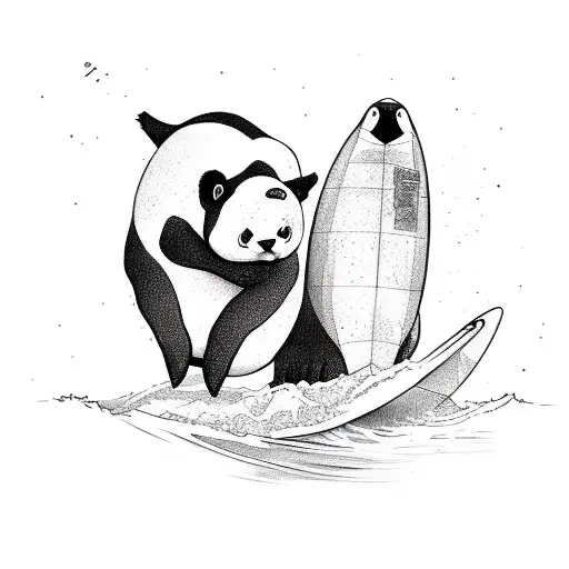 a panda and a penguin surfing a wave together on two different surfboards tattoo design idea