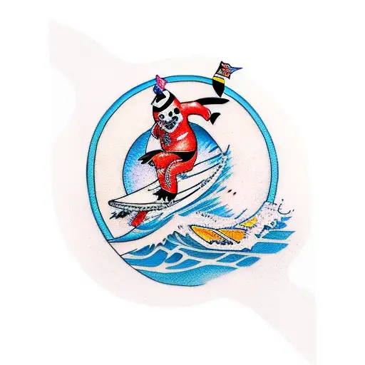 a panda and a penguin surfing a wave together on two different surfboards tattoo design idea