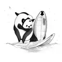 a panda and a penguin surfing a wave together on two different surfboards tattoo design idea
