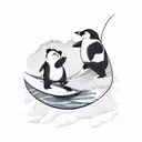 a panda and a penguin surfing a wave together on two different surfboards tattoo design idea