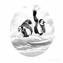 a panda and a penguin surfing a wave together on two different surfboards tattoo design idea