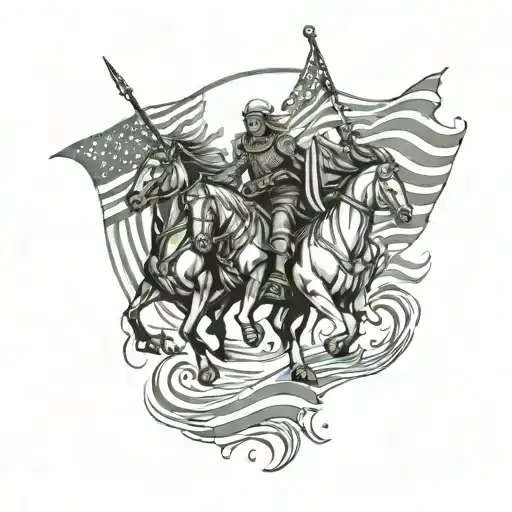 An intricate design featuring the four horsemen of the apocalypse riding across a patriotic American flag background tattoo design idea