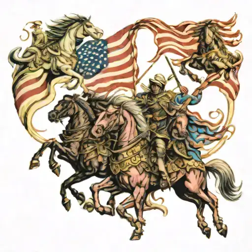 An intricate design featuring the four horsemen of the apocalypse riding across a patriotic American flag background tattoo design idea