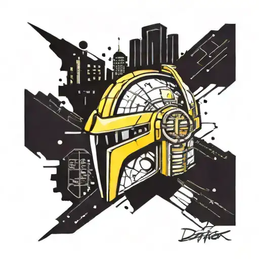 Incorporate iconic Daft Punk helmets into a futuristic cityscape tattoo design idea