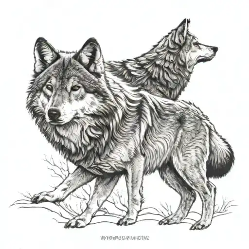 tale of two wolves howling tattoo design idea