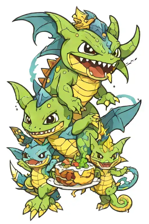 Chibi Heracross, Alakazam, and Vaporeon eating Finnish korvapuusti tattoo design idea