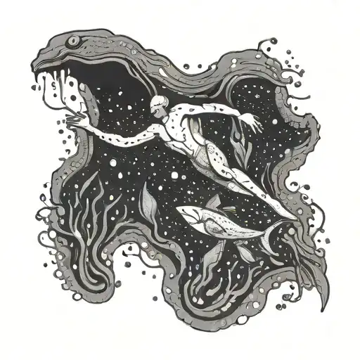 A dotwork design of a swimmer diving into a deep ocean abyss, with bioluminescent sea creatures illuminating the way tattoo design idea